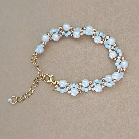 Beaded Bracelet, Blue Beads & Faux Pearls Bridal Stainless Steel Gold Jewelry - Picture 7 of 10